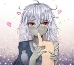  bandages bangs blush crossed_bangs eyebrows eyebrows_visible_through_hair finger_in_another's_mouth finger_sucking grey_hair grey_skin hair_between_eyes heart heart-shaped_pupils holding_hand long_hair looking_at_viewer messy_hair monster_girl monster_girl_encyclopedia orange_eyes paundo2 pov saliva solo_focus symbol-shaped_pupils torn_clothes upper_body zombie zombie_(monster_girl_encyclopedia) 