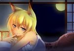  animal_ears arched_back armpits bare_shoulders blanket blonde_hair blue_eyes blush commentary_request finger_to_mouth fox_ears fujikusa full_moon hair_between_eyes japanese_clothes long_hair looking_at_viewer lying moon night night_sky on_bed on_stomach original pillow sky sleeveless sliding_doors smile solo under_covers 