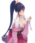  arm_at_side asymmetrical_hair bangs blue_hair blunt_bangs breasts cleavage collarbone corset from_above hair_ornament hair_tubes hakama highres holding japanese_clothes kimono koutetsujou_no_kabaneri large_breasts long_hair long_sleeves looking_at_viewer looking_to_the_side loose_clothes off_shoulder parted_lips ponytail purple_eyes red_hakama see-through sidelocks simple_background sitting solo tokopi untied very_long_hair white_background wide_sleeves yokozuwari yomogawa_ayame 