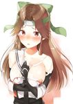  bad_id bad_pixiv_id bare_shoulders between_breasts blush breasts brown_eyes brown_hair collarbone detached_sleeves forehead_protector gloves hachimaki hair_intakes half_updo hand_between_breasts headband highres jintsuu_(kantai_collection) kantai_collection large_breasts long_hair looking_at_viewer nezumidoshi open_mouth remodel_(kantai_collection) school_uniform serafuku solo tears torn_clothes 