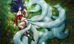 ahri alex_negrea animal_ears bare_shoulders black_hair breasts cleavage collarbone detached_sleeves facial_mark fox_ears fox_tail from_above full_body grass highres korean_clothes large_breasts league_of_legends lips long_hair looking_at_viewer lying multiple_tails nose on_ground outdoors realistic solo tail watermark web_address whisker_markings yellow_eyes 