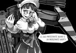  adjusting_eyewear anchor armor bangs blunt_bangs breasts cannon capelet come_at_me_bro commentary corset glasses greyscale headdress hellsing hirano_kouta_(style) italian kantai_collection kerchief kirisaki_akihito large_breasts machinery monochrome outstretched_arm pince-nez ranguage roma_(kantai_collection) short_hair solo translated wavy_hair 