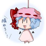  :3 bat_wings blue_hair bow chibi commentary detached_wings hat hat_bow mob_cap noai_nioshi open_mouth patch red_bow remilia_scarlet short_hair solo teruterubouzu touhou translated wings |_| 
