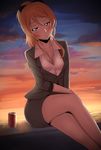  absurdres ayase_eli baliu black_bow blonde_hair blue_eyes blush bow breasts can cleavage cloud coca-cola crossed_legs hair_bow highres jacket long_hair love_live! love_live!_school_idol_project medium_breasts office_lady open_clothes open_jacket sitting smile solo sunset 