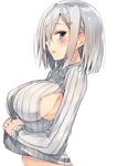  alternate_costume bad_id bad_twitter_id blue_eyes blush breasts clothes_lift ear from_side hair_ornament hair_over_one_eye hairclip hamakaze_(kantai_collection) highres impossible_clothes impossible_sweater kantai_collection kou_mashiro large_breasts looking_at_viewer looking_to_the_side open_mouth ribbed_sweater short_hair side_cutout sideboob silver_hair simple_background solo striped sweater sweater_lift vertical_stripes white_background 