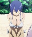  blue_hair bra breasts cleavage highres hundred kashiwagi_miharu large_breasts long_hair screencap sitting smile solo stitched 