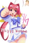  1girl ahoge bangs bow bowtie clenched_hand clenched_hands falling fist_pump flying foreshortening hair_bow hair_intakes happy_birthday kagami_sumika long_hair long_sleeves looking_at_viewer low_ponytail muvluv open_mouth otoo_(izanagi) outstretched_arm panties pantyshot pantyshot_(standing) pink_eyes ponytail puffy_sleeves red_hair school_uniform serafuku skirt standing striped striped_panties text_focus underwear very_long_hair white_background 