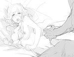  1girl bed_sheet blush breast_press breasts clenched_hand crying crying_with_eyes_open demon_girl demon_tail demon_wings greyscale hetero horns large_breasts leg_grab long_hair mendou_kusai monochrome navel nipples open_mouth sex sheet_grab sketch solo_focus tail tears wings 