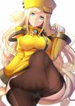  bangs banned_artist blonde_hair blue_eyes blurry breasts brown_legwear closed_mouth depth_of_field fay_(fay_axl) feet flower frown gloves guilty_gear guilty_gear_xrd hair_tucking hand_in_hair hat head_tilt large_breasts long_hair long_sleeves looking_at_viewer md5_mismatch millia_rage no_shoes panties panties_under_pantyhose pantyhose pantyhose_pull pov_feet sitting smile solo swept_bangs toes underwear very_long_hair white_background white_gloves white_panties yellow_hat 