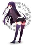  ai_(warekaku) bent_over black_hair black_legwear black_shorts inu_x_boku_ss long_hair purple_eyes shirakiin_ririchiyo shorts solo thighhighs white_background 