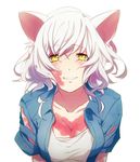  animal_ears black_hanekawa blush breasts burn_scar burnt_clothes cat_ears cleavage dress_shirt hanekawa_tsubasa mayuzumi_honoka medium_breasts monogatari_(series) scar shirt short_hair slit_pupils smile solo torn_clothes watermark white_hair yellow_eyes 