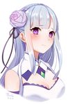  bangs bare_shoulders blush braid breasts close-up elf emilia_(re:zero) flower hair_flower hair_ornament hair_ribbon highres long_hair looking_at_viewer maorzshu medium_breasts pointy_ears purple_eyes re:zero_kara_hajimeru_isekai_seikatsu ribbon silver_hair solo upper_body white_background worried 