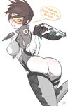  areolae artist_name ass back blush bodysuit erect_nipples fatelogic from_behind goggles gun looking_at_viewer looking_back naughty_face nipples overwatch pussy short_hair side_boob smile solo speech_bubble teeth torn_clothes tracer_(overwatch) vest weapon white_background 