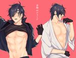  1boy abs black_gloves eyepatch joy-pix male_focus muscle nipples open_shirt pecs shirt_lift shokudaikiri_mitsutada solo touken_ranbu track_jacket undressing upper_body yellow_eyes 