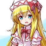  :d blonde_hair blue_eyes blush bow capelet dress hair_bow hat head_tilt lily_white long_hair looking_at_viewer open_mouth ryogo short_sleeves smile solo touhou 