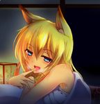  :d animal_ears armpits bare_shoulders blanket blonde_hair blue_eyes blush commentary_request fang finger_to_mouth fox_ears fujikusa hair_between_eyes heart heart-shaped_pupils heavy_breathing japanese_clothes long_hair looking_at_viewer lying night night_sky on_bed on_stomach open_mouth original pillow sky sleeveless smile solo symbol-shaped_pupils tongue tongue_out under_covers 