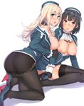  all_fours ass atago_(kantai_collection) beret black_gloves black_hair black_legwear blonde_hair blush breasts breasts_outside commentary_request garter_straps gloves green_eyes hat high_heels highres kantai_collection kyuuso_inukami large_breasts long_hair looking_at_viewer looking_back military military_uniform multiple_girls nipples no_bra open_mouth pantyhose red_eyes short_hair sitting smile spread_legs takao_(kantai_collection) thighhighs unbuttoned uniform 
