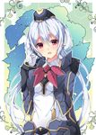  breasts buttons garrison_cap gloves hair_between_eyes hair_rings hand_to_head hat headset jacket long_hair looking_at_viewer matoi_(pso2) medium_breasts milkpanda open_mouth phantasy_star phantasy_star_online_2 red_eyes silver_hair solo teeth twintails upper_body white_gloves 