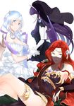  :o absurdres arabian_clothes arm_support armband bare_shoulders blue_eyes blue_hair bridal_gauntlets choker circlet flower gloves hair_flower hair_ornament hair_over_eyes highres horns jewelry long_hair maplestory mendou_kusai multiple_girls pale_skin profile purple_hair red_hair simple_background smile thigh_strap veil white_background wings yellow_eyes 