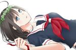  aoyashio_rin black_hair blue_eyes clover clover_(flower) flower four-leaf_clover kantai_collection long_hair looking_at_viewer lying neckerchief on_back red_neckwear ribbon school_uniform serafuku shigure_(kantai_collection) simple_background solo upper_body white_background wreath 
