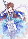  boots bow_(instrument) brown_cape brown_eyes brown_footwear brown_hair cape elta_(granblue_fantasy) full_body granblue_fantasy instrument looking_at_viewer male_focus music playing_instrument scarf shim@ smile solo white_scarf 