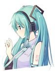  alternate_eye_color blue_hair detached_sleeves from_side hatsune_miku headphones highres kazenoko long_hair necktie red_eyes shirt simple_background solo twintails upper_body vocaloid white_background 