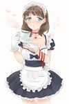  alternate_costume ayu_(sweetfish_man) blue_eyes blush brown_hair cup earrings enmaided gloves hairband heart heart_earrings heart_pendant highres idolmaster idolmaster_cinderella_girls jewelry looking_at_viewer maid maid_headdress pendant ribbon sakuma_mayu short_hair smile solo teacup 