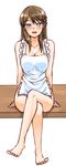  :d apron arms_at_sides artist_request bare_legs bare_shoulders barefoot blue_eyes blush braid breasts brown_hair cleavage collarbone crossed_arms crossed_legs fal_l1a1_(upotte!!) full_body large_breasts long_hair looking_at_viewer naked_apron open_mouth personification simple_background sitting smile solo upotte!! white_background 