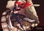  arms_at_sides belt black_gloves black_jacket boots breasts character_name cleavage closed_mouth copyright_name crop_top curry_bowl debris dual_wielding floating_hair from_above gloves groin hair_between_eyes holding holding_sword holding_weapon holster jacket katarina_du_couteau kunai large_breasts league_of_legends long_hair looking_at_viewer midriff navel pants red_hair scabbard scar scar_across_eye sheath solo spikes standing stomach sword thigh_holster thigh_strap unsheathed very_long_hair weapon 