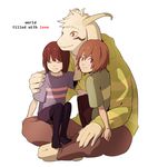  2others androgynous asriel_dreemurr brown_hair chara_(undertale) closed_eyes frisk_(undertale) highres horns hug looking_at_viewer monster_boy multiple_others older pantyhose protected_link red_eyes redlhzz shirt short_hair shorts sitting sitting_on_lap sitting_on_person smile spoilers striped striped_shirt sweater time_paradox undertale what_if 