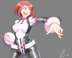  2016 9rimson ass_visible_through_thighs bad_id bad_pixiv_id bodysuit boku_no_hero_academia breasts cameltoe clenched_hand covered_navel covered_nipples dated grey_background large_breasts looking_to_the_side open_mouth outstretched_arm red_eyes red_hair short_hair signature simple_background smile solo teeth thick_thighs thighs uraraka_ochako 