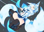  animal_ears black_legwear blue_eyes blue_hair boots breasts commentary_request fox_ears fox_tail hair_ornament hair_over_one_eye highres korigitsune looking_at_viewer miniskirt multiple_tails original panties pantyshot shards short_hair skirt small_breasts solo tail thighhighs underwear upskirt white_panties 