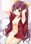  adjusting_hair arms_up bed blanket blush bow breasts hair_bow hair_ribbon japanese_clothes kamikaze_(kantai_collection) kantai_collection kimono long_hair looking_at_viewer maccha medium_breasts navel no_bra no_pants open_clothes open_kimono panties pillow purple_eyes purple_hair ribbon sitting solo underwear very_long_hair white_panties wide_sleeves yellow_bow yellow_ribbon 