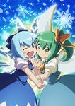  ;d blue_bow blue_dress blue_eyes blue_hair blush blush_stickers bow cheek-to-cheek cirno daiyousei dress fairy_wings green_eyes green_hair hair_bobbles hair_bow hair_ornament hair_ribbon holding_hands ice ice_wings interlocked_fingers looking_at_viewer lunamoon multiple_girls one_eye_closed open_mouth puffy_short_sleeves puffy_sleeves red_ribbon ribbon shirt short_hair short_sleeves side_ponytail skirt skirt_set smile snowflakes the_memories_of_phantasm touhou v vest wings yellow_bow 