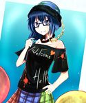  bad_id bad_pixiv_id bare_shoulders bespectacled blue_eyes blue_hair chain clothes_writing collarbone earth_(ornament) glasses hat hecatia_lapislazuli highres multicolored multicolored_clothes multicolored_skirt off-shoulder_shirt off_shoulder polos_crown poyosuke shirt sketch skirt smile solo t-shirt touhou 