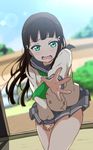  blurry blush brown_hair covering covering_crotch day depth_of_field dutch_angle green_eyes grey_skirt highres icehotmilktea kurosawa_dia lens_flare long_hair long_sleeves looking_at_viewer love_live! love_live!_sunshine!! mole mole_under_mouth neckerchief open_mouth pleated_skirt reaching_out school_uniform serafuku shirt skirt sliding_doors solo tatami tie_clip tree uranohoshi_school_uniform wavy_mouth wind 