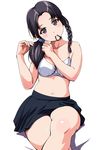  adjusting_hair asymmetrical_hair black_eyes black_hair blush bra braid breasts crossed_legs hair_over_shoulder hairdressing head_tilt highres long_hair looking_at_viewer matsunaga_kouyou medium_breasts mouth_hold navel original single_braid skirt solo twintails tying_hair underwear 