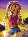  aqua_eyes dated denim denim_shorts highres jewelry long_hair looking_at_viewer midriff multicolored_hair my_little_pony my_little_pony_equestria_girls my_little_pony_friendship_is_magic navel necklace open_mouth outline shorts sidelocks signature smile solo sparkle sunset sunset_shimmer uotapo white_outline 