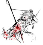  atrium_(artist) belt bleeding blood blood_on_face bloody_clothes bound bound_arms cuts danganronpa guro impaled injury knife komaeda_nagito male_focus monochrome navel open_mouth rope solo spoilers spot_color stabbed super_danganronpa_2 tied_up tongue tongue_out weapon 