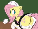  2019 absurd_res airfly-pony2014 blush butt clothing cutie_mark equine feathered_wings feathers female feral fluttershy_(mlp) friendship_is_magic hair hi_res legwear looking_at_viewer looking_back maid_uniform mammal my_little_pony pegasus pussy socks solo uniform wings 