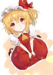  ascot blonde_hair blush dress flandre_scarlet from_above hat highres nise6 red_dress red_eyes short_hair side_ponytail solo tears touhou 