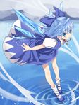  \||/ asutora blue_dress blue_eyes blue_footwear blue_hair bow cirno dress hair_bow highres ice ice_wings leaning_forward legs mary_janes misty_lake mountain parted_lips ribbon ripples shirt shoes short_hair sleeveless sleeveless_dress snow snowing socks solo touhou white_legwear white_shirt wind wings 