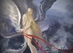  absurdly_long_hair blonde_hair character_name claymore daath highres long_hair miata_(claymore) mountain nude painterly red_ribbon ribbon solo very_long_hair wings 