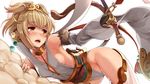  andira_(granblue_fantasy) animal_ears bare_shoulders black_gloves blonde_hair blush breasts brown_eyes choker cloud detached_sleeves erune fingerless_gloves flying_nimbus giji_eizan gloves granblue_fantasy hair_ornament hairband highres monkey_ears monkey_tail open_mouth red_eyes short_hair sideboob small_breasts solo staff sweat tail wide_sleeves 
