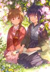  animal_ears bad_id bad_pixiv_id bangs book book_on_lap braid brown_hair cat_ears commentary_request extra_ears floral_print flower gouhou_yuri_fuufu_hon hakama hands_on_lap itou_hachi japanese_clothes kimono long_hair looking_at_another multiple_girls obi on_ground open_book open_mouth outdoors petals purple_eyes purple_hair red_eyes sash seiza single_braid sitting smile 
