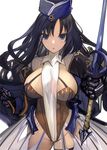  black_hair breasts gauntlets large_breasts long_hair looking_at_viewer original parted_lips pupps simple_background smile solo sword veins veiny_breasts weapon white_background 