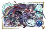  2boys ahoge black_gloves blank_eyes boots border breasts brown_eyes brown_footwear brown_hair cape closed_mouth dagger expressionless full_body fuujin_(granblue_fantasy) giant gloves granblue_fantasy grey_hair hanging_breasts holding holding_staff holster horn johann_(granblue_fantasy) knee_boots long_hair long_sleeves looking_at_viewer medium_breasts mikurou_(nayuta) multiple_boys outstretched_arm parted_lips pink_hair ponytail purple_cape purple_hair raijin_(granblue_fantasy) red_scarf scarf sheath sheathed shoes smile sphere staff star tassel thigh_holster weapon 