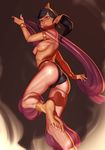  absurdres anklet arabian_clothes armlet barefoot black_hair bracelet breasts dancer feet genie harem_outfit highres jewelry john_doe leg_up long_hair medium_breasts midriff nipples orange_eyes pointy_ears ponytail see-through soles solo sweat toe_ring toes 