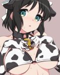  1girl animal_ears animal_print bell bell_collar black_hair blue_eyes bra breasts collar cow_bell cow_ears cow_print elbow_gloves eyebrows_visible_through_hair gloves kohinata_miku kuro_mushi large_breasts looking_at_viewer ribbon senki_zesshou_symphogear shiny shiny_hair shiny_skin simple_background solo sweat underwear 