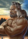  animal animal_on_head animal_on_shoulder beard cat cat_on_head cat_on_shoulder cloud cloudy_sky crossed_arms dated facial_hair grey_hair male_focus manly matataku muscle mustache old_man on_head original signature sky solo sunset surprised_cat_(matataku) upper_body 